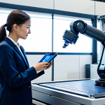 A professional female engineer, dressed in a modest business casual uniform, observes a collaborative robot performing precise tasks on a modern CNC machine in a brightly lit, state-of-the-art smart factory. Holographic data displays float above the machinery, illustrating real-time performance metrics and AI-driven optimizations. The scene emphasizes seamless human-robot collaboration and the integration of IoT technology. The background features other advanced machinery and a clean, organized factory environment. The engineer is fully clothed, appropriate attire, professional dress, natural pose, perfect anatomy, correct proportions, well-formed hands, proper finger count, natural body proportions, safe for work, appropriate content, family-friendly, professional photography, high quality.