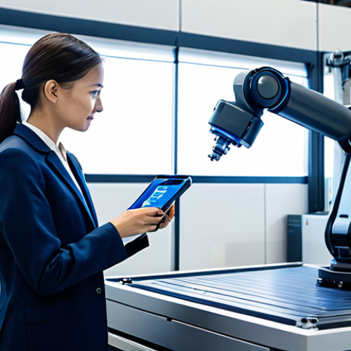 A professional female engineer, dressed in a modest business casual uniform, observes a collaborative robot performing precise tasks on a modern CNC machine in a brightly lit, state-of-the-art smart factory. Holographic data displays float above the machinery, illustrating real-time performance metrics and AI-driven optimizations. The scene emphasizes seamless human-robot collaboration and the integration of IoT technology. The background features other advanced machinery and a clean, organized factory environment. The engineer is fully clothed, appropriate attire, professional dress, natural pose, perfect anatomy, correct proportions, well-formed hands, proper finger count, natural body proportions, safe for work, appropriate content, family-friendly, professional photography, high quality.