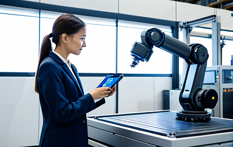 A professional female engineer, dressed in a modest business casual uniform, observes a collaborative robot performing precise tasks on a modern CNC machine in a brightly lit, state-of-the-art smart factory. Holographic data displays float above the machinery, illustrating real-time performance metrics and AI-driven optimizations. The scene emphasizes seamless human-robot collaboration and the integration of IoT technology. The background features other advanced machinery and a clean, organized factory environment. The engineer is fully clothed, appropriate attire, professional dress, natural pose, perfect anatomy, correct proportions, well-formed hands, proper finger count, natural body proportions, safe for work, appropriate content, family-friendly, professional photography, high quality.