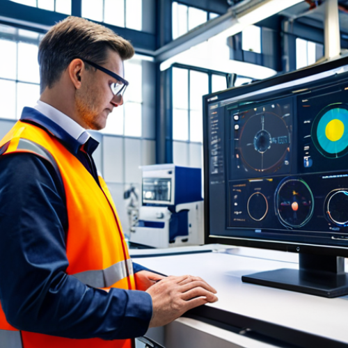 A professional engineer in a modest, appropriate work uniform, standing in a brightly lit, modern smart factory. Advanced machinery with integrated IoT sensors and digital twin displays are visible in the background, showing real-time data. The engineer is observing a complex mechanical process with a thoughtful, analytical expression, showcasing the integration of traditional skills with cutting-edge technology. fully clothed, perfect anatomy, correct proportions, natural pose, well-formed hands, proper finger count, natural body proportions, professional photography, high quality, safe for work, appropriate content, professional.