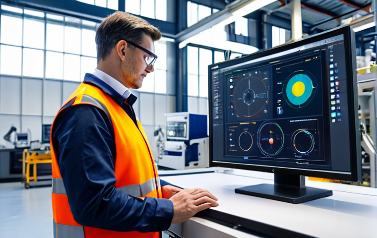 A professional engineer in a modest, appropriate work uniform, standing in a brightly lit, modern smart factory. Advanced machinery with integrated IoT sensors and digital twin displays are visible in the background, showing real-time data. The engineer is observing a complex mechanical process with a thoughtful, analytical expression, showcasing the integration of traditional skills with cutting-edge technology. fully clothed, perfect anatomy, correct proportions, natural pose, well-formed hands, proper finger count, natural body proportions, professional photography, high quality, safe for work, appropriate content, professional.