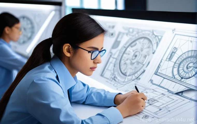 기계가공 도면 분석 및 응용법 - **Prompt 1: The Enigmatic World of Drawing Symbols**
    A young, curious engineer, male or female, ...