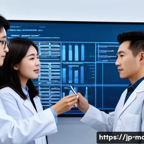 기계가공 전문가와의 인터뷰 - 02mm)'. In the mid-ground, a diverse team of Japanese engineers and quality assurance specialists (t...