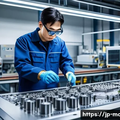 기계가공 자격증 취업 전략 - A skilled Japanese CNC machinist wearing safety glasses and clean workwear, carefully inspecting a p...
