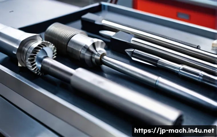 기계가공 기초부터 전문가 과정 - A detailed close-up of various precision cutting tools used in modern machining: an end mill, a dril...
