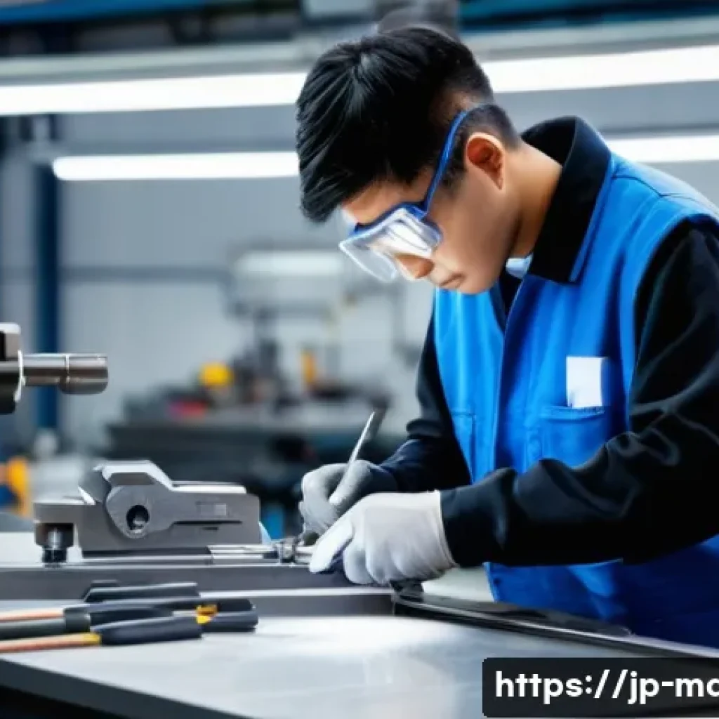 기계가공 실기 기출 문제 풀이 - A detailed scene inside a modern Japanese machine workshop featuring a young adult apprentice wearin...
