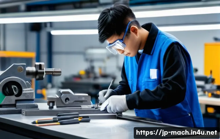 기계가공 실기 기출 문제 풀이 - A detailed scene inside a modern Japanese machine workshop featuring a young adult apprentice wearin...