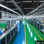 기계가공 업무 개선 사례 - A modern factory floor scene showing a well-organized workflow with optimized workstation layout; wo...
