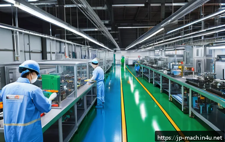 기계가공 업무 개선 사례 - A modern factory floor scene showing a well-organized workflow with optimized workstation layout; wo...