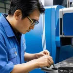 기계가공 직무에서 발생하는 문제 해결 사례 - A high-precision CNC machining workshop scene in Japan, showing a skilled technician inspecting a sl...