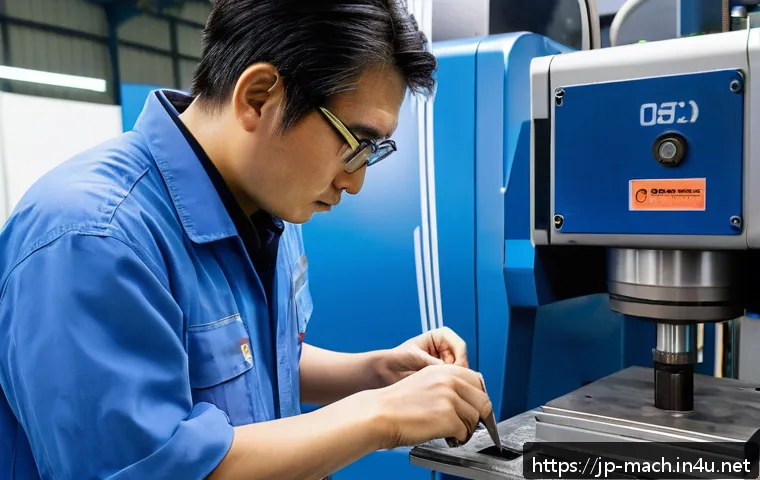 기계가공 직무에서 발생하는 문제 해결 사례 - A high-precision CNC machining workshop scene in Japan, showing a skilled technician inspecting a sl...