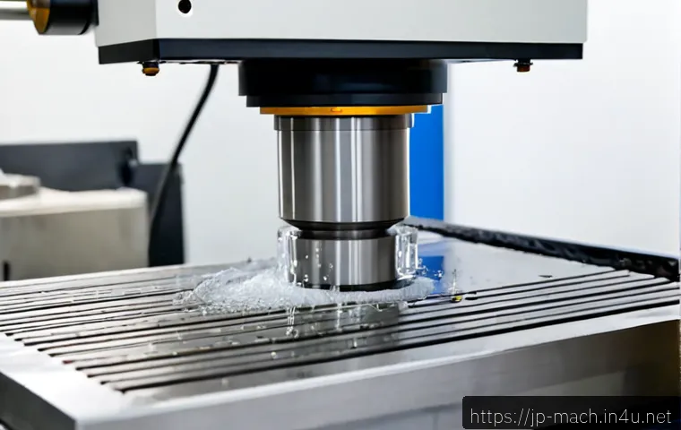 기계가공 이론 핵심 요약 - Photorealistic precision machining workshop, close-up of a CNC milling machine cutting a polished me...