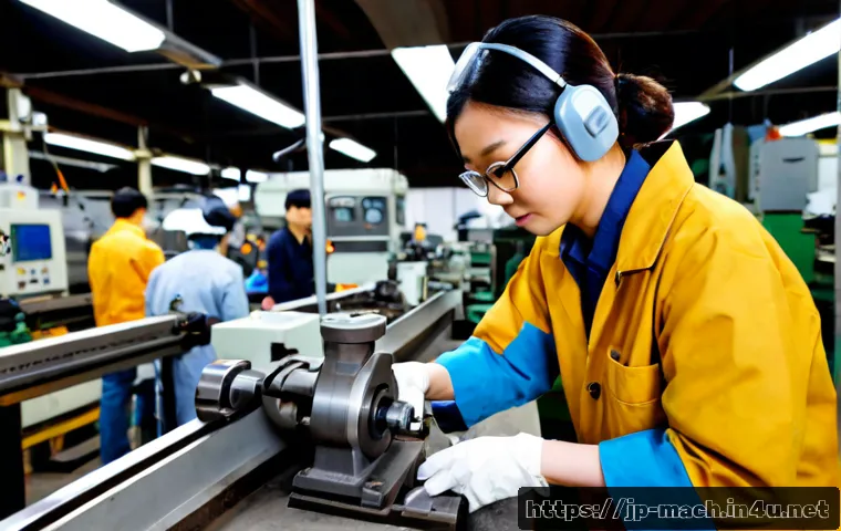 기계가공 실습 현장 후기 - Photorealistic Japanese vocational machining workshop, a focused adult trainee wearing safety glasse...